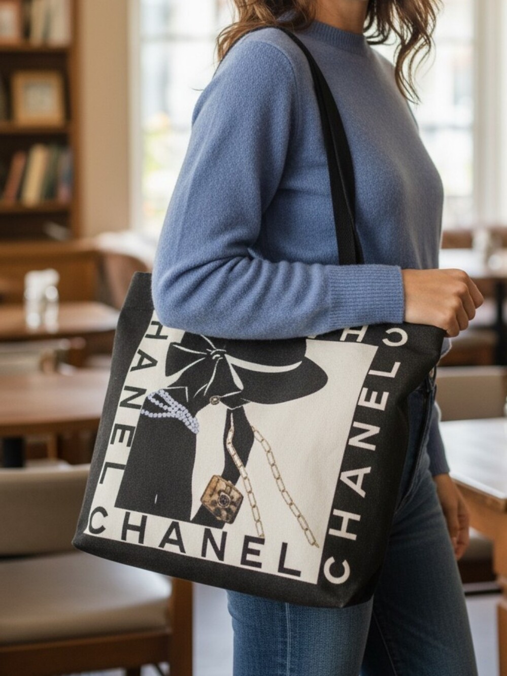 CHANEL Black & White Tote with Gold Chain Detail